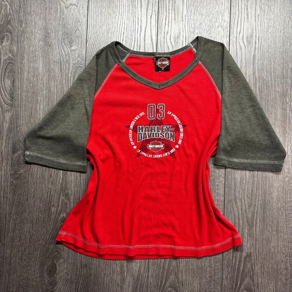 Harley-Davidson Womens Y2K Raglan Graphic Tee Red Grey V-Neck Size 2X